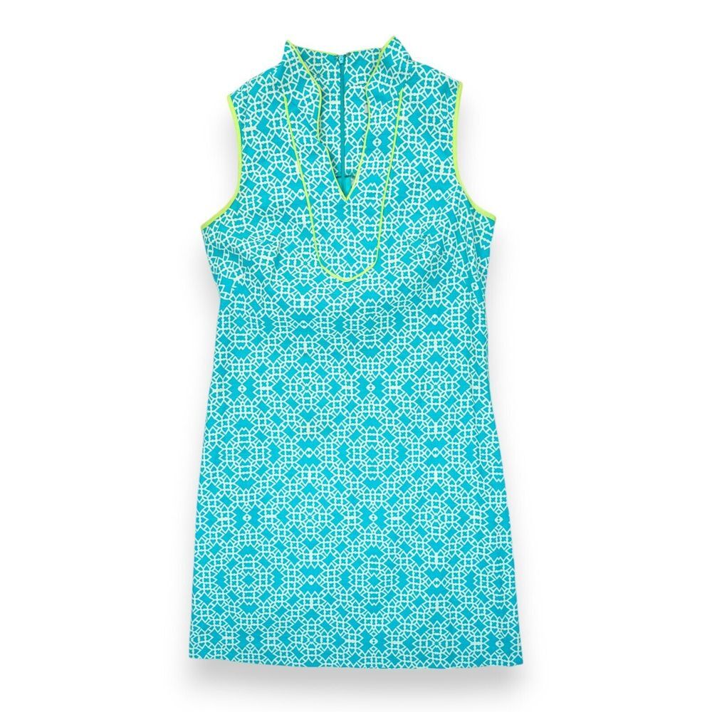 Eliza J Teal Geometric Mandarin Collar Sleeveless‎ Preppy Shift Dress Size 4